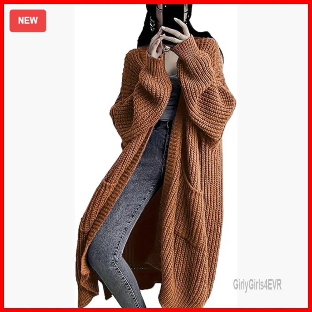 Long Sleeve Cardigan Sweater Open Front Duster Pockets Oversized - Picture 1 of 7